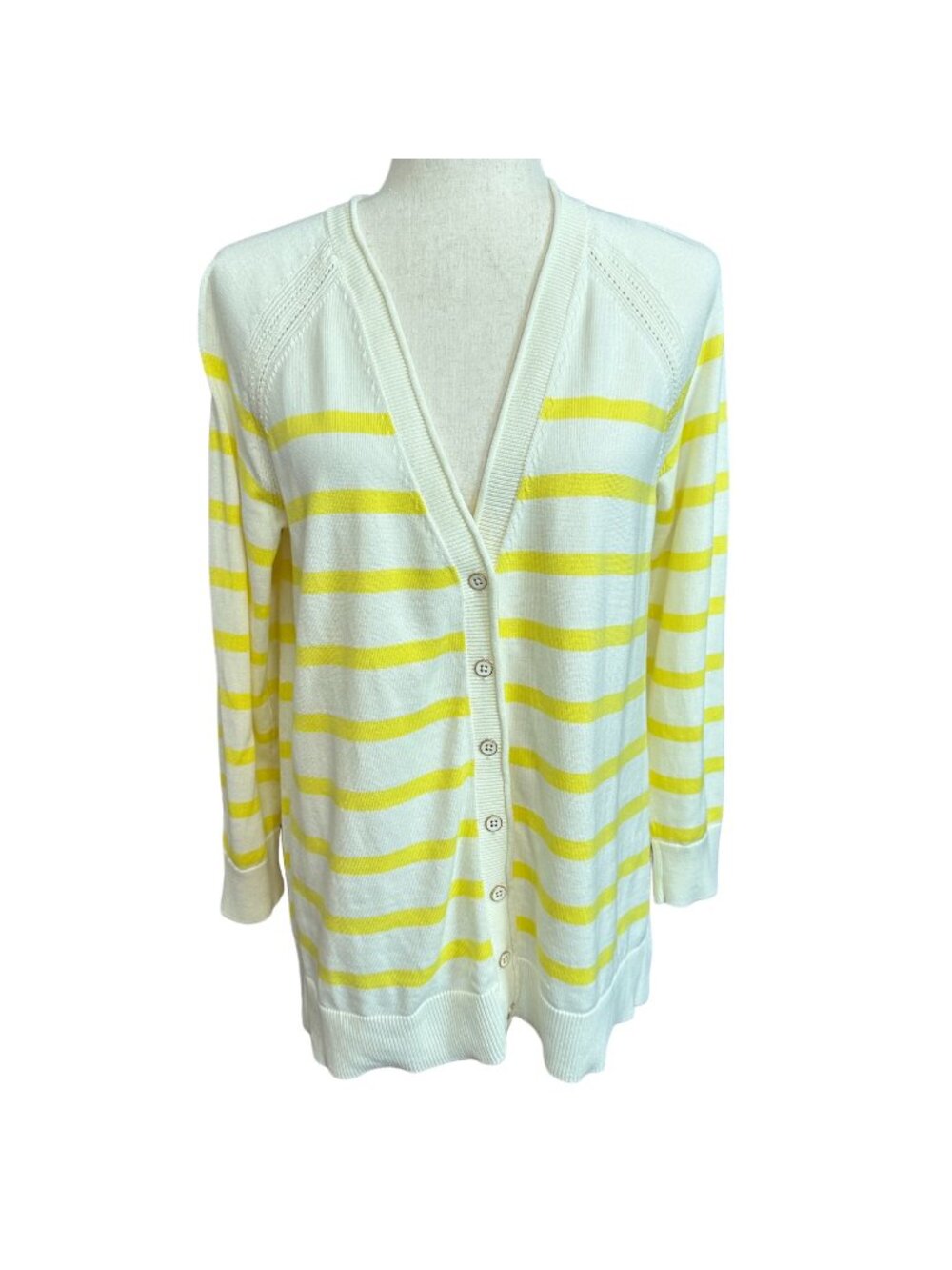 Talbots Cardigan Women L P Yellow White Stripe Button Up Sweater Petite V Neck